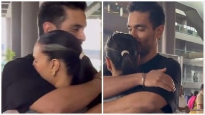 Angad Bedi was welcomed with a big hug by wife Neha Dhupia.