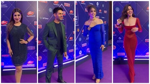 Raveena Tandon, Kartik Aaryan, Sanya Malhotra and Alaya F at the event. Raveena Tandon, Kartik Aaryan, Sanya Malhotra and Alaya F at the event.