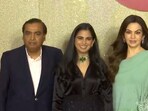 Mukesh Ambani, Isha Ambani, and Nita Ambani at red carpet event of Jio World Plaza launch.