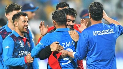 Afghanistan's Rashid Khan and Azmatullah Omarzai celebrate after winning the match against Sri Lanka (ANI)