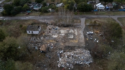 Russia-Ukraine War: A destroyed cafe after a Russian rocket attack in the village of Hroza near Kharkiv, Ukraine. (AP) Russia-Ukraine War: A destroyed cafe after a Russian rocket attack in the village of Hroza near Kharkiv, Ukraine. (AP)