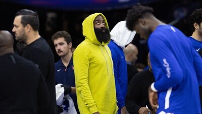 James Harden looks on during a timeout (Reuters)