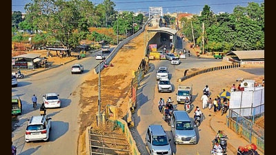 Construction work of Pakhowal Road ROB in progress in Ludhiana. (Gurpreet Singh/HT)