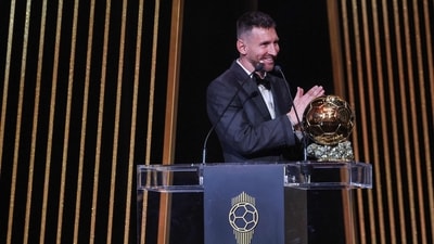 Inter Miami CF's Argentine forward Lionel Messi gestures on stage as he receives his 8th Ballon d'Or award during the 2023 Ballon d'Or France Football award ceremony at the Theatre du Chatelet in Paris on October 30, 2023. (AFP) Inter Miami CF's Argentine forward Lionel Messi gestures on stage as he receives his 8th Ballon d'Or award during the 2023 Ballon d'Or France Football award ceremony at the Theatre du Chatelet in Paris on October 30, 2023. (AFP)