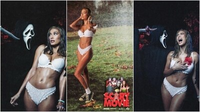 Hailey Bieber embraced Carmen Electra from Scary Movie for her Halloween costume and even did a photoshoot inspired by the scenes in the horror film. She wore a white lace-embroidered bikini while posing with Ghostface. Many of her followers announced that she 'won Halloween' with this look. (Instagram) Hailey Bieber embraced Carmen Electra from Scary Movie for her Halloween costume and even did a photoshoot inspired by the scenes in the horror film. She wore a white lace-embroidered bikini while posing with Ghostface. Many of her followers announced that she 'won Halloween' with this look. (Instagram)