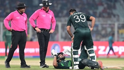 Abdullah Shafique gets primary treatment from teammate Fakhar Zaman during ICC Men's Cricket World Cup 2023 match at Eden Garden in Kolkata, (Samir Jana/Hindustan Times) Abdullah Shafique gets primary treatment from teammate Fakhar Zaman during ICC Men's Cricket World Cup 2023 match at Eden Garden in Kolkata, (Samir Jana/Hindustan Times)