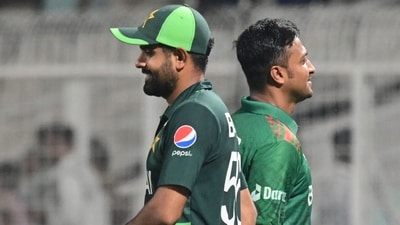 Babar Azam and Shakhib Al Hasan during ICC Men's Cricket World Cup 2023 match at Eden Garden in Kolkata (Samir Jana/ Hindustan Times) Babar Azam and Shakhib Al Hasan during ICC Men's Cricket World Cup 2023 match at Eden Garden in Kolkata (Samir Jana/ Hindustan Times)