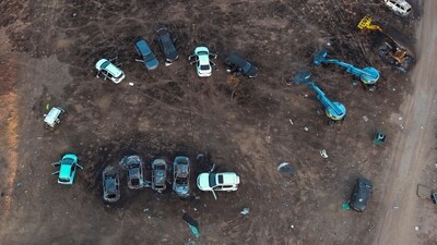 An aerial view shows the burnt cars of festival-goers at the site of an attack on the Nova Festival by Hamas gunmen from Gaza, near Israel's border with the Gaza Strip, in southern Israel, October 12, 2023 (REUTERS/Ilan Rosenberg) (REUTERS)