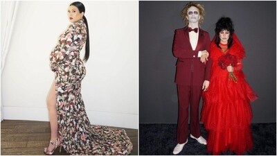 Kourtney Kardashian took a page from her sister Kim Kardashian's fashion book by recreating Kim's memorable floral Met Gala maternity look. She and her husband, Travis Barker, dressed up as Lydia Deetz and Beetlejuice for their second Halloween look. (Instagram) Kourtney Kardashian took a page from her sister Kim Kardashian's fashion book by recreating Kim's memorable floral Met Gala maternity look. She and her husband, Travis Barker, dressed up as Lydia Deetz and Beetlejuice for their second Halloween look. (Instagram)