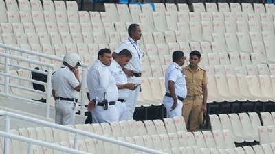 Kolkata: Kolkata Police personnel at Eden Gardens during ICC Men's Cricket World Cup 2023 match between Bangladesh and Pakistan (PTI)