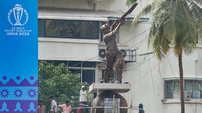 A life-size statue of former cricketer Sachin Tendulkar at the Wankhede Stadium, in Mumbai which will be unveiled on Wednesday. (PTI) A life-size statue of former cricketer Sachin Tendulkar at the Wankhede Stadium, in Mumbai which will be unveiled on Wednesday. (PTI)