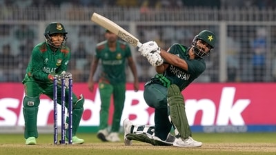 Fakhar Zaman plays a shot during the ICC Men's Cricket World Cup 2023 match between Bangladesh and Pakistan, at Eden Gardens in Kolkata (PTI) Fakhar Zaman plays a shot during the ICC Men's Cricket World Cup 2023 match between Bangladesh and Pakistan, at Eden Gardens in Kolkata (PTI)