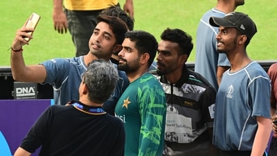 Babar Azam of Pakistan Cricket Team takes selfie with spectators during practice session at Eden Garden ahead of ICC Men's Cricket World Cup 2023 match against Bangladesh in Kolkata, India (Samir Jana/Hindustan Times) Babar Azam of Pakistan Cricket Team takes selfie with spectators during practice session at Eden Garden ahead of ICC Men's Cricket World Cup 2023 match against Bangladesh in Kolkata, India (Samir Jana/Hindustan Times)
