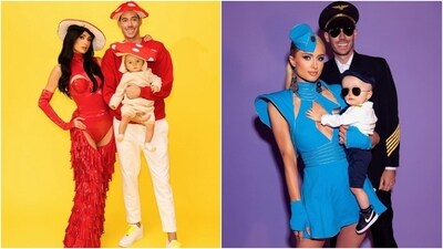 Paris Hilton kicked off her Halloween celebrations by paying tribute to Britney Spears in the legendary blue flight attendant dress from the Toxic music video. Hilton's second look had her dazzling as Katy Perry in a fiery red latex bodysuit. She also clicked pictures with her family. (Instagram) Paris Hilton kicked off her Halloween celebrations by paying tribute to Britney Spears in the legendary blue flight attendant dress from the Toxic music video. Hilton's second look had her dazzling as Katy Perry in a fiery red latex bodysuit. She also clicked pictures with her family. (Instagram)