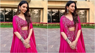 Earlier, Rakul had delighted her fans by sharing pictures of another fashionable look she sported for a photoshoot during an event. She wore a Rani pink-coloured embellished blouse, layered lehenga skirt, and a matching cape jacket. She accessorised the ensemble with oxidised silver jhumkis, bracelets, and rings. (Instagram) Earlier, Rakul had delighted her fans by sharing pictures of another fashionable look she sported for a photoshoot during an event. She wore a Rani pink-coloured embellished blouse, layered lehenga skirt, and a matching cape jacket. She accessorised the ensemble with oxidised silver jhumkis, bracelets, and rings. (Instagram)