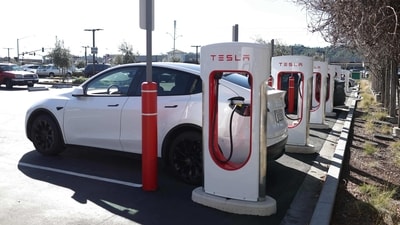 A view of Tesla Superchargers. (Getty Images via AFP) A view of Tesla Superchargers. (Getty Images via AFP)