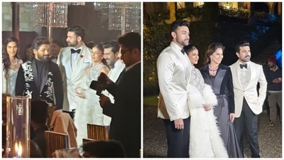 Allu Arjun, Varun Tej, Lavanya Tripathi pose with Ram Charan. Allu Arjun, Varun Tej, Lavanya Tripathi pose with Ram Charan.