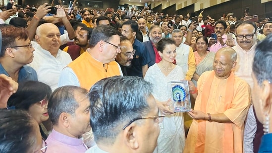 Kangana Ranaut with Uttar Pradesh chief minister Yogi Adityanath at the Lok Bhawan Auditorium in Lucknow.