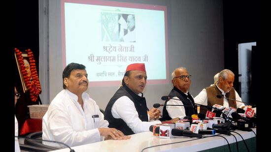 Samajwadi Party president Akhilesh Yadav with other party leaders on Tuesday (Sourced)