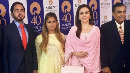 Mukesh Ambani with Nita Ambani, Isha Ambani and Anant Ambani. (File photo)
