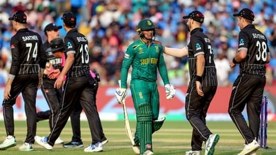 South Africa's Quinton De Kock walks back to the pavillion after being dismissed by New Zealand's Tim Southee (ANI) South Africa's Quinton De Kock walks back to the pavillion after being dismissed by New Zealand's Tim Southee (ANI)
