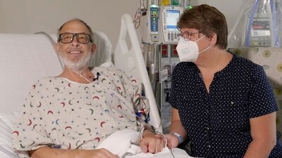 In this photo provided by the University of Maryland School of Medicine, Lawrence Faucette sits with wife, Ann, in the school's hospital in Baltimore, Md., in September 2023, before receiving a pig heart transplant. Two days after the transplant, Lawrence was cracking jokes and able to sit in a chair, doctors said Friday, Sept. 22, 2023. (via AP)