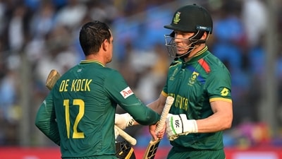David Miller (R) greets teammate Quinton de Kock upon his dismissal (AFP) David Miller (R) greets teammate Quinton de Kock upon his dismissal (AFP)