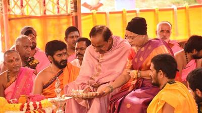 Chief minister K Chandrashekar Rao on Wednesday began a three-day “Raja Shyamala Yagam” at his farmhouse in Siddipet districts. (HT Photo) Chief minister K Chandrashekar Rao on Wednesday began a three-day “Raja Shyamala Yagam” at his farmhouse in Siddipet districts. (HT Photo)