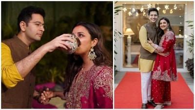 Parineeti Chopra, who recently got married to Raghav Chadha, marked her first Karwa Chauth celebration. She shared a series of photos on her Instagram account and captioned her post with, "Happy first Karwa Chauth my love..." (Instagram/@parineetichopra) Parineeti Chopra, who recently got married to Raghav Chadha, marked her first Karwa Chauth celebration. She shared a series of photos on her Instagram account and captioned her post with, "Happy first Karwa Chauth my love..." (Instagram/@parineetichopra)