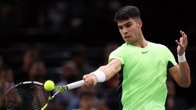 Spain's Carlos Alcaraz in action during his round of 32 match against Russia's Roman Safiullin (REUTERS)
