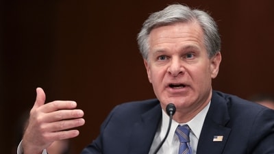 WASHINGTON, DC - OCTOBER 31: FBI Director Christopher Wray testifies before the Senate Homeland Security and Governmental Affairs Committee October 31, 2023 in Washington, DC. The committee heard testimony on the topic of "Threats to the Homeland." Win McNamee/Getty Images/AFP (Photo by WIN MCNAMEE / GETTY IMAGES NORTH AMERICA / Getty Images via AFP) (Getty Images via AFP) WASHINGTON, DC - OCTOBER 31: FBI Director Christopher Wray testifies before the Senate Homeland Security and Governmental Affairs Committee October 31, 2023 in Washington, DC. The committee heard testimony on the topic of "Threats to the Homeland." Win McNamee/Getty Images/AFP (Photo by WIN MCNAMEE / GETTY IMAGES NORTH AMERICA / Getty Images via AFP) (Getty Images via AFP)