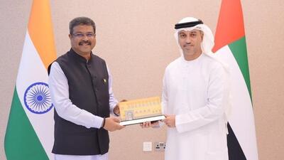 Union education minister Dharmendra Pradhan and his UAE counterpart Dr. Ahmad Al Falasi in Abu Dhabi signed the MoU in Abu Dhabi on Wednesday (Twitter/@EduMinOfIndia)