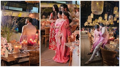 Guests and decor at Lavanya and Varun's mehendi night. Middle picture shows Allu and Sneha with relatives. Guests and decor at Lavanya and Varun's mehendi night. Middle picture shows Allu and Sneha with relatives.