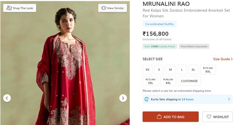 Parineeti Chopra's red anarkali ensemble is from the brand Mrunalini Rao and costs ₹1.56 lakh. (www.azafashions.com) Parineeti Chopra's red anarkali ensemble is from the brand Mrunalini Rao and costs ₹1.56 lakh. (www.azafashions.com)