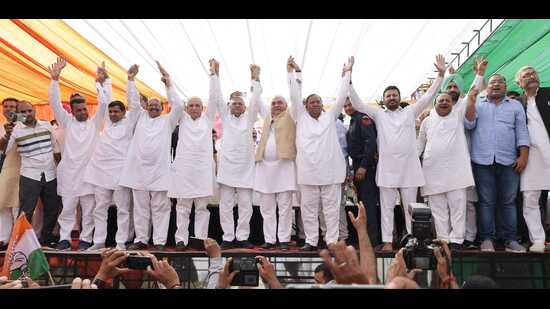 Haryana leader of opposition Bhupinder Hooda during the Jan Aakrosh’ rally in Yamunanagar’s Radaur on Wednesday. (HT Photo)