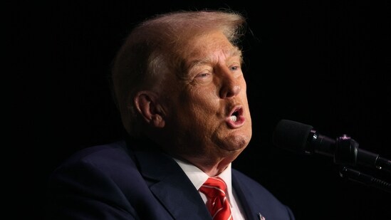 SIOUX CITY, IOWA - OCTOBER 29: Republican presidential candidate former U.S. President Donald Trump speaks to guests during a campaign event at the Orpheum Theater on October 29, 2023 in Sioux City, Iowa. On Saturday, Trump joined other Republican presidential candidates when he addressed Republican Jewish Coalition's annual conference where his one-time vice president, Mike Pence, announced he was suspending his campaign. (Getty Images via AFP)