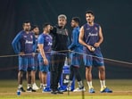 Afghanistan players with team's mentor Ajay Jadeja during a practice session on the eve of their ICC Men's World Cup ODI cricket match against Netherlands.