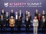 Bruno Le Maire, France's finance minister, Robert Habeck, Germany's economy minister, Ursula von der Leyen, president of the European Commission, US Vice President Kamala Harris, Rishi Sunak, UK prime minister, Giorgia Meloni, Italy's prime minister, Antonio Guterres, secretary-general of the United Nations (UN) and Richard Marles, Australia's deputy prime minister and defense minister, front row, left to right, during a family photo with delegates on day two of the AI Safety Summit 2023 at Bletchley Park in Bletchley, UK. (Bloomberg)