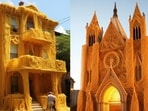 AI-generated pictures of a building and a cathedral-like structure. 