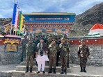 Defence Minister Rajnath Singh with Army Chief Gen Manoj Pande and Eastern Army brass at Bum La in Arunachal Pradesh on Dussehra day.
