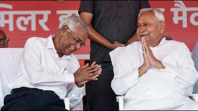 Bihar chief minister Nitish Kumar (right) with CPI general secretary D Raja in Patna on Thursday. (ANI Photo) Bihar chief minister Nitish Kumar (right) with CPI general secretary D Raja in Patna on Thursday. (ANI Photo)