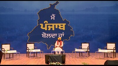 CM Bhagwant Mann addressing the debate at a function at PAU in Ludhiana. (HT Photp)