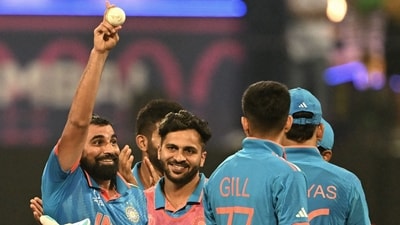 Mohammed Shami celebrates with teammates after taking five wickets during the 2023 ICC Men's Cricket World Cup match between India and Sri Lanka (AFP) Mohammed Shami celebrates with teammates after taking five wickets during the 2023 ICC Men's Cricket World Cup match between India and Sri Lanka (AFP)