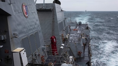 The Arleigh Burke-class guided-missile destroyer USS Ralph Johnson (DDG 114) conducts routine underway operations in the Taiwan Strait. (AP) The Arleigh Burke-class guided-missile destroyer USS Ralph Johnson (DDG 114) conducts routine underway operations in the Taiwan Strait. (AP)