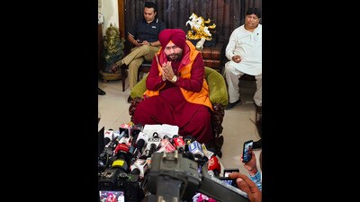 Congress leader Navjot Singh Sidhu addresses a press conference at his residence in Patiala on Thursday. (PTI)