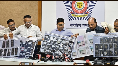 Mumbai, India - Nov. 2, 2023: The Mumbai crime branch busted international job racket by arresting five people who used to take passport of job aspirants and dupe them by giving bogus visa. The police says the accused opened a firm and rented an office in the Mumbai city. They have duped more than 100 people by taking Rs. one lakh each or more on the promise of sending them abroad, in Mumbai, India, on Thursday, November 2, 2023. (Photo by Anshuman Poyrekar/ Hindustan Times) (Hindustan Times)