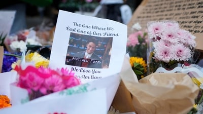 A makeshift memorial for Matthew Perry is seen outside the building shown in exterior shots of the television show "Friends" on Monday, Oct. 30, 2023, in New York. (Photo by Charles Sykes/Invision/AP) (Invision) A makeshift memorial for Matthew Perry is seen outside the building shown in exterior shots of the television show "Friends" on Monday, Oct. 30, 2023, in New York. (Photo by Charles Sykes/Invision/AP) (Invision)