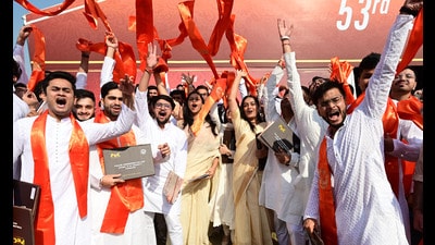 PEC students celebrating at the college’s 53rd convocation in Chandigarh on Thursday. (Ravi Kumar/HT)