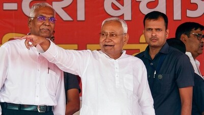 Bihar chief minister Nitish Kumar with Communist Party of India (CPI) General Secretary D. Raja at the 'BJP Hatao Desh Bachao' rally organised by CPI, in Patna. (PTI) Bihar chief minister Nitish Kumar with Communist Party of India (CPI) General Secretary D. Raja at the 'BJP Hatao Desh Bachao' rally organised by CPI, in Patna. (PTI)