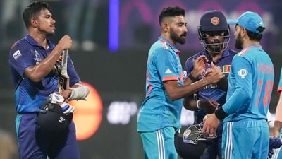 Indian players exchange greetings with Sri Lankan players after their victory in the ICC Men's Cricket World Cup 2023 match between India and Sri Lanka, at Wankhede Stadium (PTI) Indian players exchange greetings with Sri Lankan players after their victory in the ICC Men's Cricket World Cup 2023 match between India and Sri Lanka, at Wankhede Stadium (PTI)
